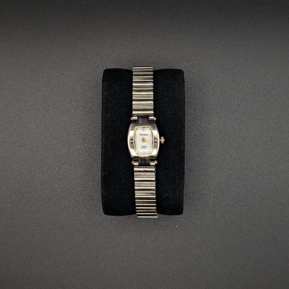Vintage Precision Diamond Watch: Silver Tonneau Case, Expansion Band